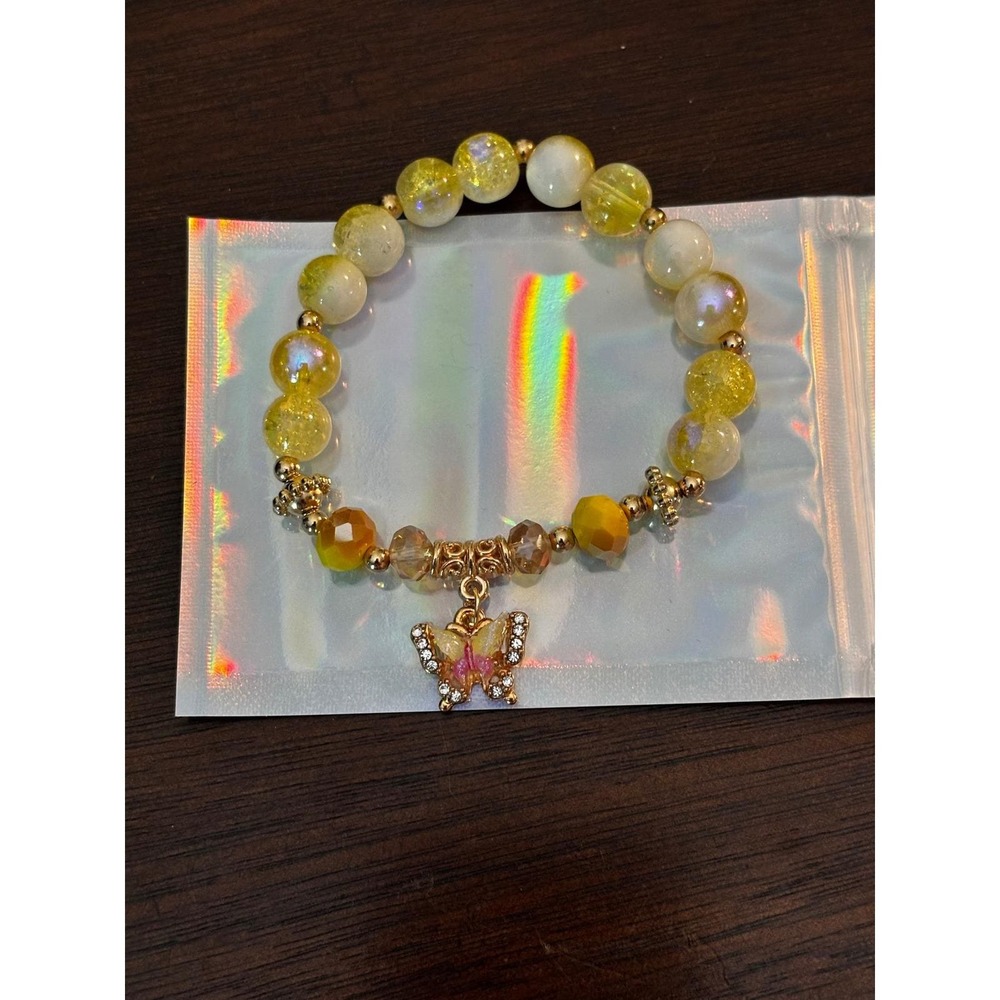 Handmade Yellow Crackle Glass Beaded Stretch Bracelet Butterfly Charm Rhinestone